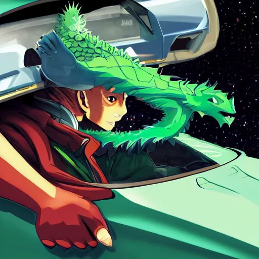 Image similar to blue knight in a green hatchback car, close up, anime, desert landscape, greg manchess, akehiko inoue and ross tran, Pyromallis Nekro Rene Margitte, Murata, one punch man manga, fight dragon