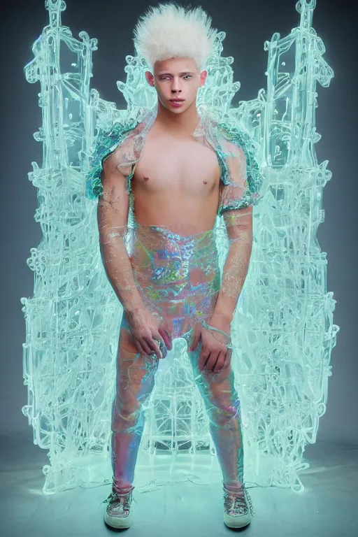 Image similar to photo of full-body rococo and cyberpunk delicate neon crystalline sculpture of ((muscular pale blue albino prince Nick Jonas)) as an iridescent humanoid deity wearing a thin see-through ((plastic hooded cloak)) (holding a human skull) in a neon castle dungeon, reclining con (((las piernas abiertas))), glowing pink face, crown of (white lasers), large diamonds, swirling black silk fabric. futuristic elements. oozing glowing liquid, full-length view. space robots. intricate artwork by caravaggio. Trending on artstation, octane render, cinematic lighting from the right, hyper realism, octane render, 8k, depth of field, 3D