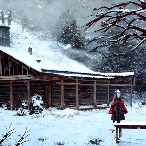 Prompt: adelaide kane sitting on the porch to a large snowy wooden cabin, artstation, jakub rozalski, high detail