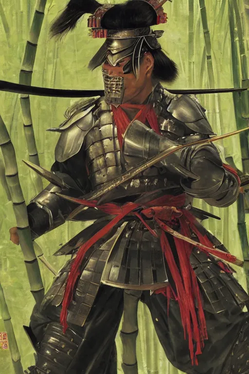 Image similar to close up of samurai warrior in full armor, in a bamboo forest, by huang guangjian and gil elvgren, sachin teng, greg manchess