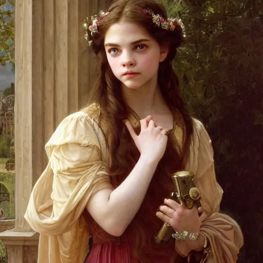 Image similar to detailed portrait painting of a princess who resembles Anya Taylor Joy, Chloe Grace Moretz, and Emma Watson in a steampunk cathedral by Michael Whelan, William Adolphe Bouguereau, John Williams Waterhouse,