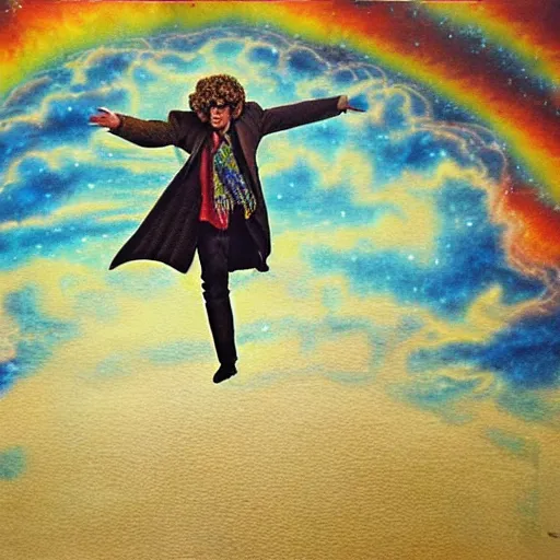 Image similar to tom baker using his scarf to fly, psychedelic, clouds, 4 k, intricate high details, sharp, 1 9 7 7, photo realistic, matt finish, realistic shadows, psychedelic