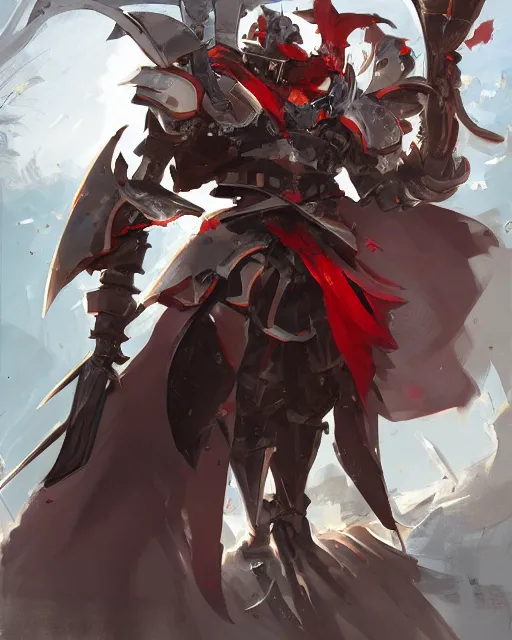 Image similar to an anime portait shogun knight with a laser halberd, dark metal armor, and a tattered cape, by stanley artgerm lau, wlop, rossdraws, james jean, andrei riabovitchev, marc simonetti, and sakimichan, trending on artstation