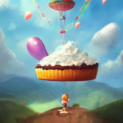 Prompt: a giant cake hanging below birthday balloons and floating above a beautiful stunning landscape. digital art, artstation cgsociety masterpiece