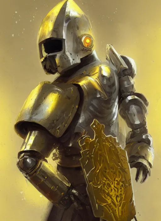 Image similar to portrait of a warforged character in yellow armor holding a paladin engraved longsword and carrying a big shield, epic concept art, trending on ArtStation, cinematic lighting, by Greg Rutkowski and Jesper Ejsing