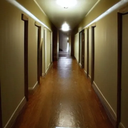 Image similar to very long hallway in a house, very creepy, dim lights, door at the end