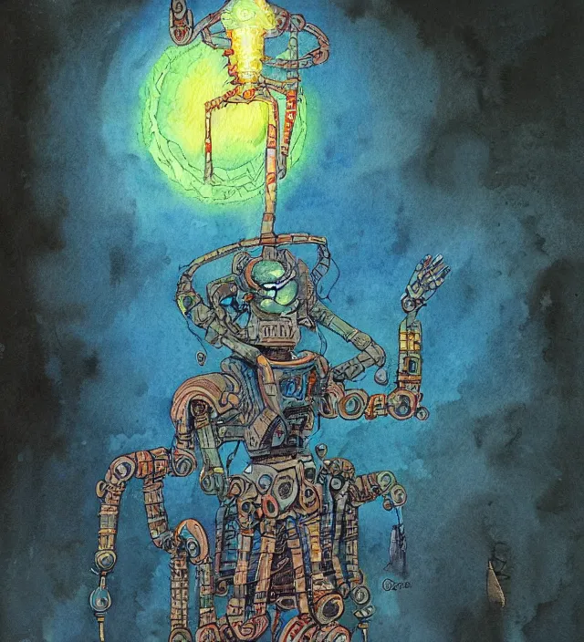 Image similar to a 3 / 4 view watercolor ink painting of a robot shaman / wizard casting a spell in the style of jean giraud in the style of moebius trending on artstation deviantart pinterest detailed realistic hd 8 k high resolution