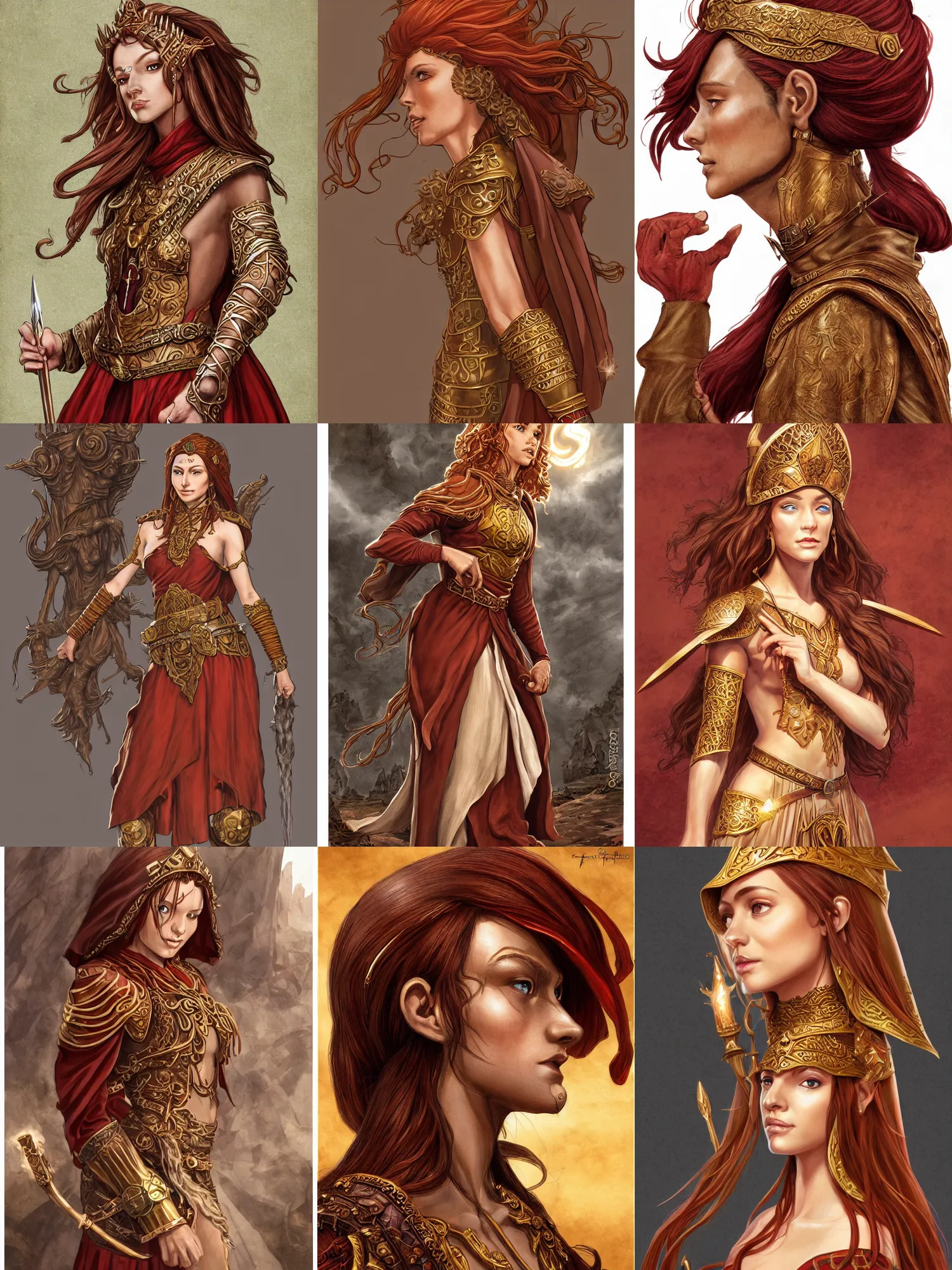 Prompt: sideview of a dnd young priestess, earth attuned, brown robes, skintight, beautiful, light brown skin, red hair, happy, metallic brass accessories, spellcasting, high fantasy, detailed face, highly detailed, sharp focus, smooth, digital illustration, by clyde caldwell