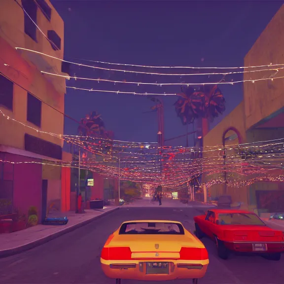 Image similar to Downtown Mexico, string lights, colorful lighting, night, realism, gta 5 screenshot, by Tooth Wu, by Lienzo Óleo Paisaje, by Greg Rutkowski