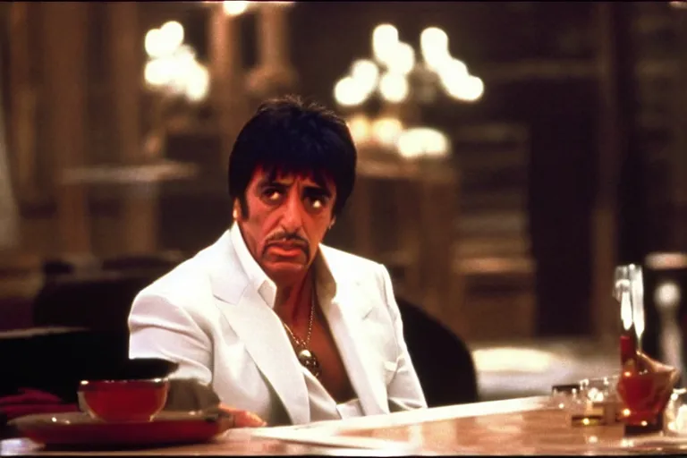 Image similar to tony montana from movie scarface 1 9 8 3 sitting behind a big black oak table with big large packages of flour. al pacino. perfect symmetric face, coherent eyes, ron cobb, fine details, 4 k. last scene from scarface movie, bokeh