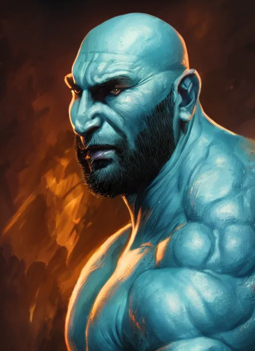 Prompt: A fantasy comic book style portrait painting of Dave Bautista as a blue orc mage, unreal 5, DAZ, hyperrealistic, octane render, RPG portrait, dynamic lighting