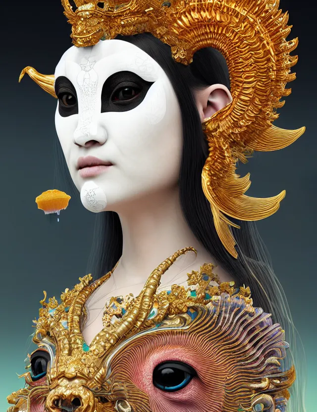 Image similar to 3 d goddess close - up profile portrait with crown, ram skull. beautiful intricately detailed japanese crow kitsune mask and clasical japanese kimono. betta fish, jellyfish phoenix, bio luminescent, plasma, ice, water, wind, creature, artwork by tooth wu and wlop and beeple and greg rutkowski