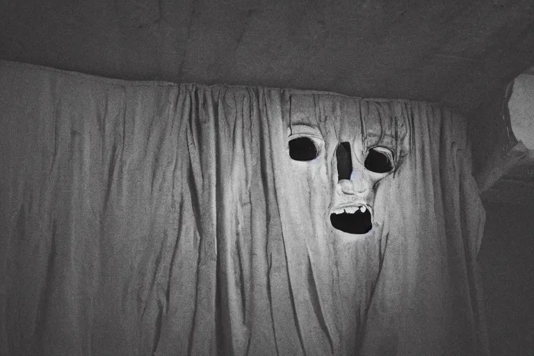 Image similar to smiling faces emerging from the ceiling in a dark room, japanese horror, eerie atmosphere, fear, mystery, 8 k uhd