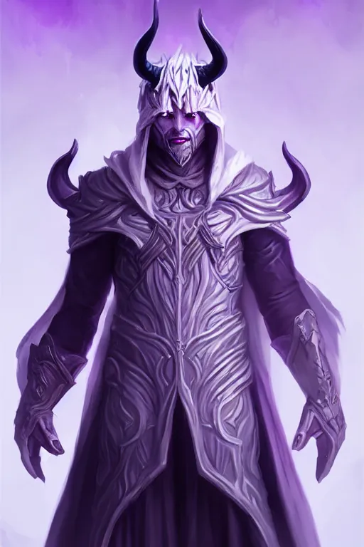 Prompt: man male demon, full body white purple cloak, warlock, character concept art, costume design, illustration, black eyes, white horns, trending on artstation, Artgerm , WLOP