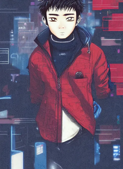 Image similar to manga cover, asian filipino thai teenage boy with feathered curtain-style middle part hair, red turtleneck and navy blue parka, intricate cyberpunk city, emotional lighting, character illustration by tatsuki fujimoto