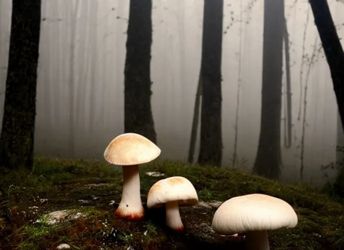 Prompt: a cute creature sitting next to a mushroom, fog filled, spotlights shine down from the watchtowers, perfectly lit face, ultra realistic, depth, beautiful lighting