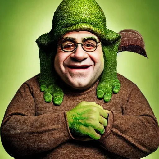 Image similar to award winning portrait of danny devito as shrek, photo by mark mann, hyper detailed