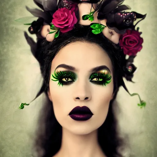 Prompt: portrait of a black woman inspired by Natalie Shau, Anna dittmann,flower crown, face gems, make up,cinematic