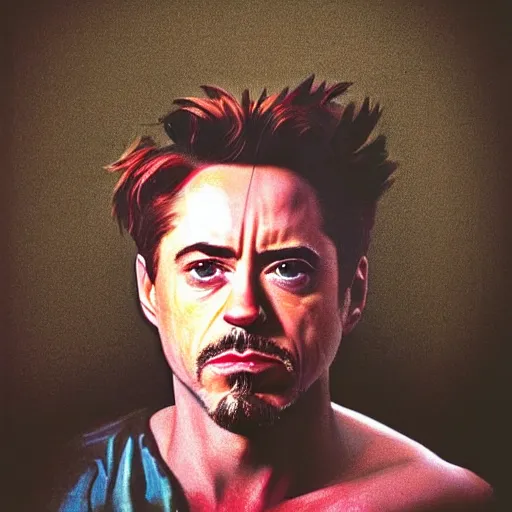 Prompt: realistic expired kodak film portrait of robert downey junior mix, hyperrealism, hypermaximalism, photorealistic, detailed, atmospheric, 8 k, award winning photography, cinematic