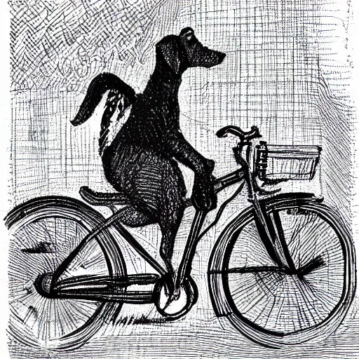 Image similar to illustration of a dog riding a bike in paris in the style of clement hurd