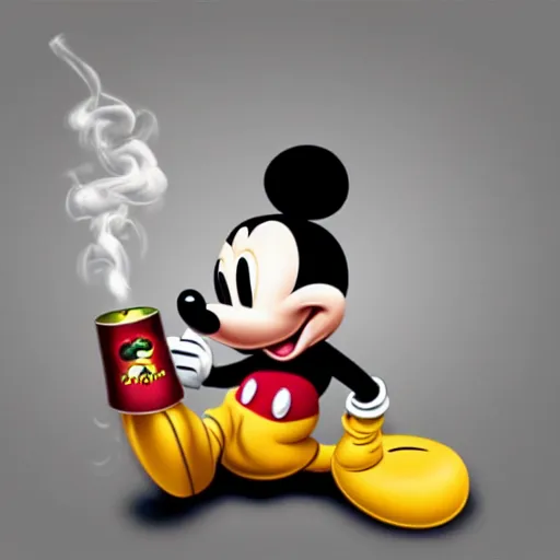 Image similar to mickey mouse with stoned eyes smoking a bong while sitting on a couch, messed apartment, amazing digital art, highly detailed