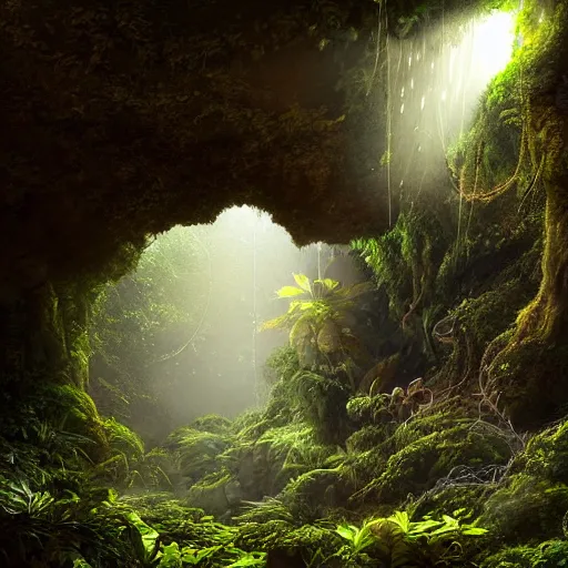 Prompt: mystical cave with lush vegetation and spiderwebs hanging from ceiling, light shining through, sharp focus, highly detailed, cgsociety, desaturated, hazy