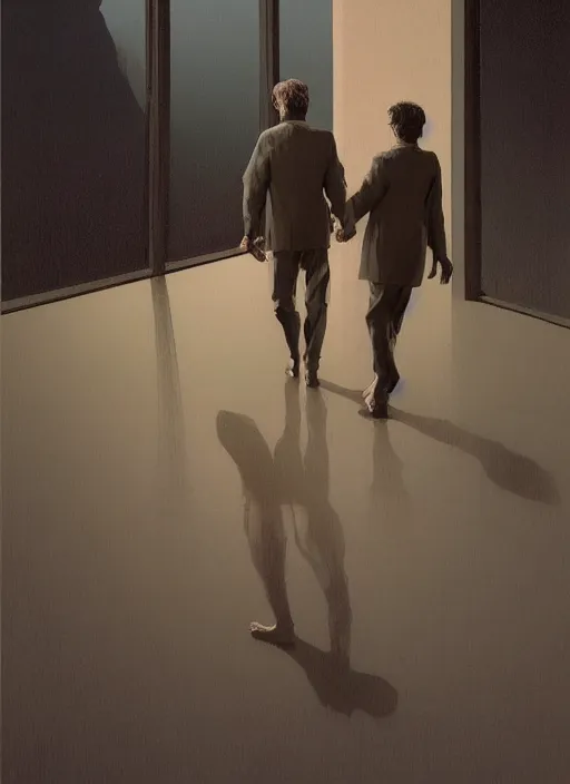 Prompt: portrait of Mads Mikkelsen and Hugh Dancy holding hands romantically as they chaperone school dance by Zdzislaw Beksinski, Michael Whelan, Bob Larkin and Tomer Hanuka, simple illustration, domestic, nostalgic, clean, Matte painting, trending on artstation and unreal engine, New Yorker magazine cover, 1980s romance book cover