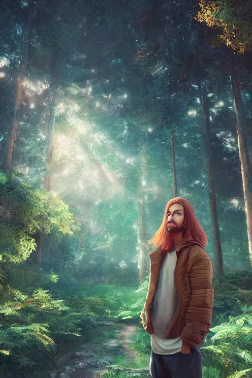 Image similar to pretty young man with long golden hair, trees, detailed forest background, webtoon, breathtaking scenery, colourful, 8 k, graphic novel, digital art trending on artstation, volumetric lighting, octane render, cinematic, hyper detailed, magical atmosphere