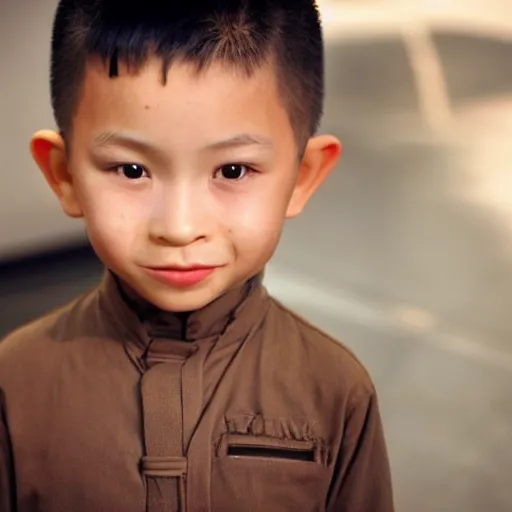 Prompt: cinematic still light skin french - vietnamese 6 year old boy in star wars, slight underbite, heart shaped face, round cheeks, crew cut hair