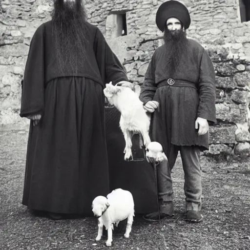 Image similar to photo of breton monks looking like rasputin with a dog and a goat, village ritualistic