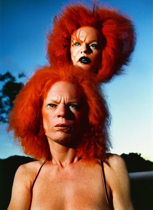 Image similar to photograph of carrot top, shot by helmut newton, nikon 3 5 mm, ektachrome film, golden hour, serious, dramatic