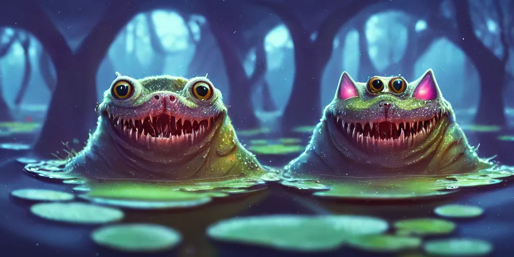 Prompt: of an intricate murky pond with strange cute friendly happy cats with huge eyes long tongue round teeth and funny face appearing from the water, in the style of craola, macro lens, shallow depth of field, highly detailed, digital painting, trending artstation, concept art, illustration, cinematic lighting, vibrant colors, photorealism, epic, octane render