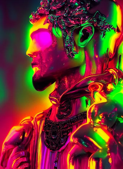 Prompt: photo of baroque and bladerunner delicate neon ruby sculpture of seductive ceramic albino king xavier serrano delicious pink iridescent humanoid deity wearing black fluffy hoody holding diamond skull in a black metallic dungeon, reclining, glowing rainbow face, crown of white diamonds, cinematic lighting, photorealistic, octane render 8 k depth of field 3 d