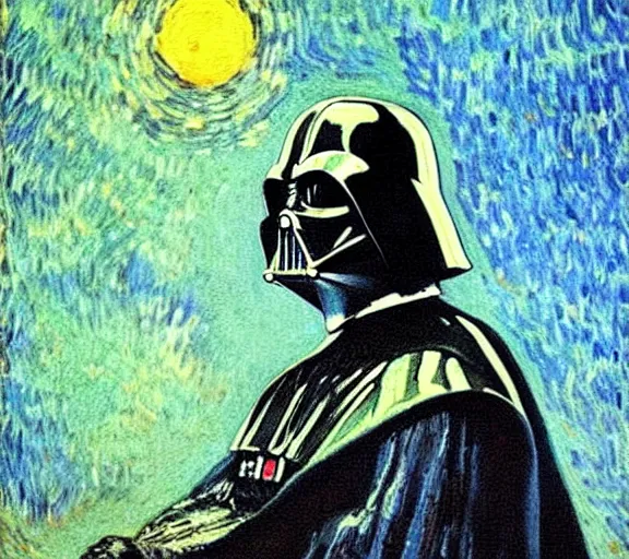 Image similar to beautiful oil painting of Darth Vader by Vincent van Gogh; extraordinary masterpiece!!!!; realistic-lighting