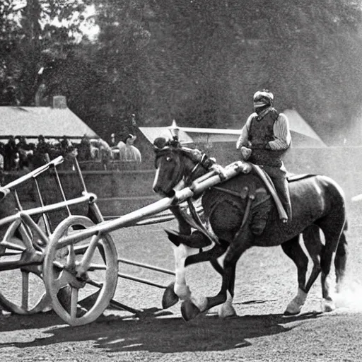 Image similar to a horse pulling a canon. the canon is harnessed to the horse and towed