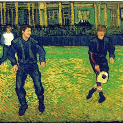 Prompt: Tom Cruise playing football by Van Gogh