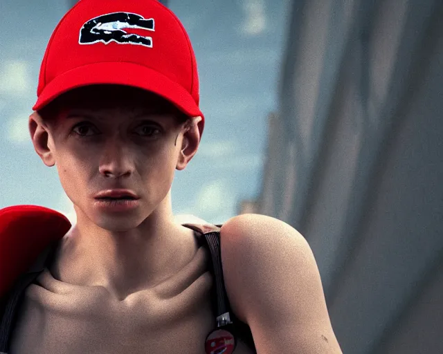 Image similar to CHAPPIE Wearing A Red Lacoste Hat and Street Wear, Full Figure, 8K, octane render, HDR, photorealistic, volumetric lighting, Hyperrealistic-H 960