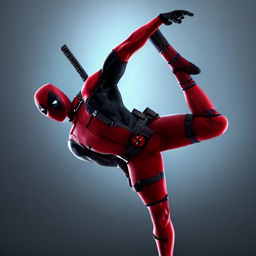 Image similar to full body pose, hyperrealistic photograph of deadpool as a ballerina dancer, dim volumetric lighting, 8 k, octane beautifully detailed render, extremely hyper detailed, intricate, epic composition, cinematic lighting, masterpiece, trending on artstation, very very detailed, stunning, hdr, smooth, sharp focus, high resolution, award, winning photo, dslr, 5 0 mm