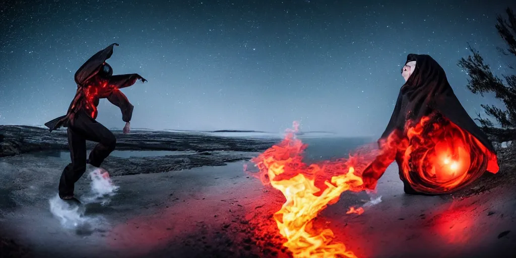 Image similar to fisheye slow motion with trail fire effect of futuristic break dancer wearing long dark cloak and skeleton head emitting fire, long exposure shot , enigmatic, at night in the middle of the arctic with red light A letter, paddle of water, steam, fog, water splashes, rim lights, glossy reflections, water droplets on lens, octane render, Volumetric dynamic lighting, stunning cover magazine, high details, hajime sorayama