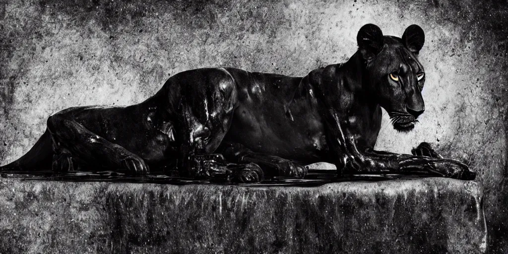Prompt: a black lioness, made of ferrofluid, viscous, sticky, full of ferrofluid, laying on the white couch in the living room, covered with black goo. photography, dslr, realism, color, rimlight, wrinkles, reflections, animal photography, black goo