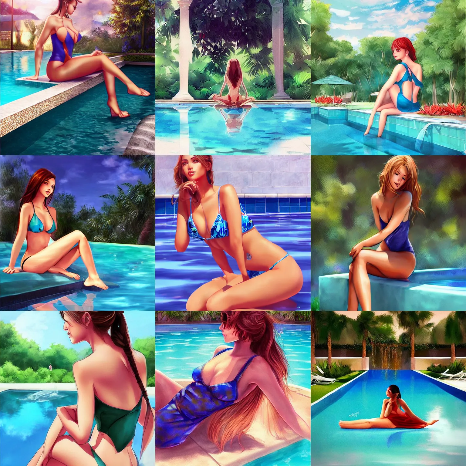 Prompt: beautiful girl sitting by a pool, in the style artgerm, digital art