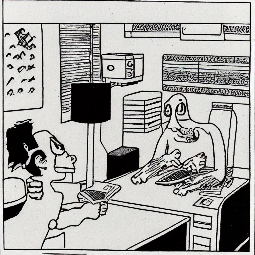 Prompt: dslr of a farside comic person drawn by gary larson, perfect symmetry, intricate, masterpiece, grayscale