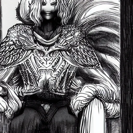 Image similar to griffith from berserk manga by kentaro miura sitting at his white house oval office desk