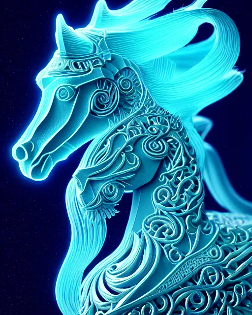 Prompt: 3 d ornate carved horse with profile portrait, sigma 5 0 0 mm f / 5. beautiful intricate highly detailed horse. bioluminescent, plasma, lava, ice, water, wind, creature, thunderstorm! artwork by tooth wu and wlop and beeple and greg rutkowski, 8 k trending on artstation