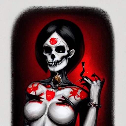 Image similar to Female death. with a red and black diamond skull with the top cut off in her hands. with the top cut off in one hand up to her face like hamlet, kodachrome, high contrast, highly detailed, sharp focus, digital painting, concept art, illustration, trending on artstation,