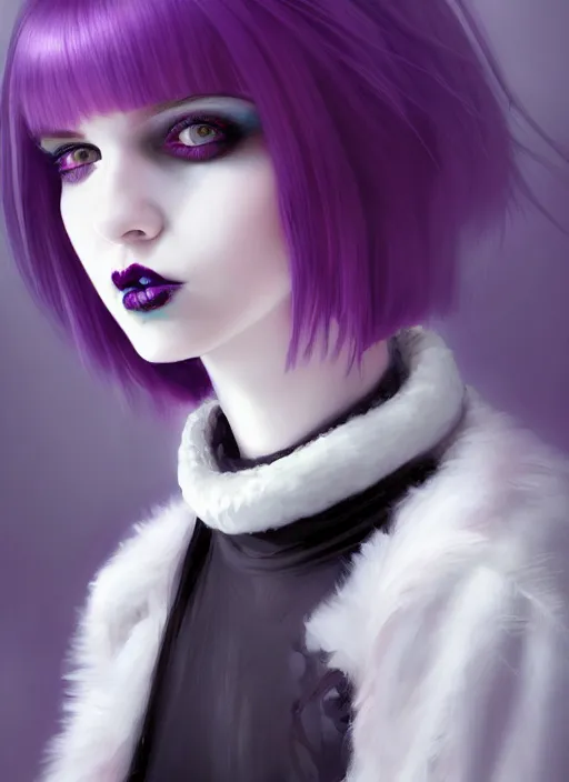 Image similar to portrait of white teenage girl, normal face, white bangs, mall goth, cyberlox, black and white hair, bangs, fluffy bangs, red contact lenses, purple lipstick, intricate, elegant, highly detailed, digital painting, artstation, concept art, sharp focus, smooth, illustration, art by wlop, mars ravelo and greg rutkowski