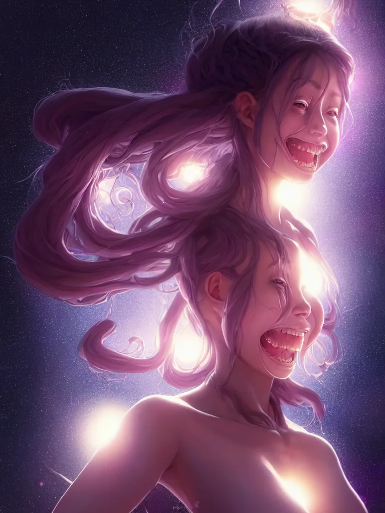 Prompt: azathoth girl smiling so happily, dress made out milky way, occlusion shadow, specular reflection, rim light, unreal engine, artgerm, artstation, art by hiroaki samura and ilya kuvshinov and ossdraws, intricate, highly detailed 8 k, cosmic horror illustration, extremely beautiful and aesthetic shape of face and body