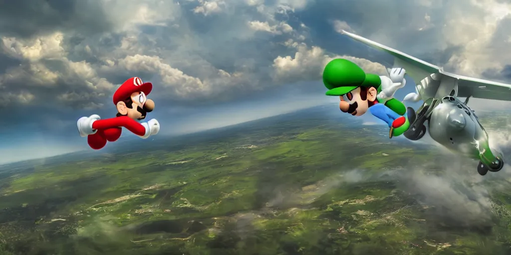 Image similar to luigi from super mario flying a boeing 3 7 3, realistic 4 k octane beautifully detailed render, 4 k post - processing, highly detailed, intricate complexity, epic composition, magical atmosphere, cinematic lighting, masterpiece, ultra hd