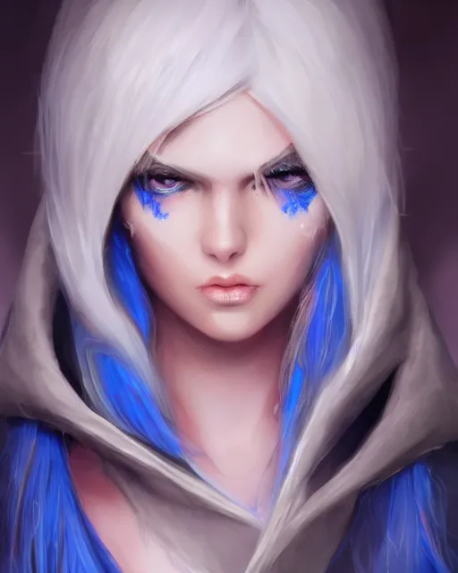 Prompt: A beautiful mysterious girl with hooded cobalt-blue eyes and silky white hair, guitar shape build, her wardrobe is attractive, full body, fantasy art, in the style of Fernando Juarez, illustration, epic art, fantasy, intricate, elgant, amazing detail, digital painting, artstation, concept art, smooth, sharp focus