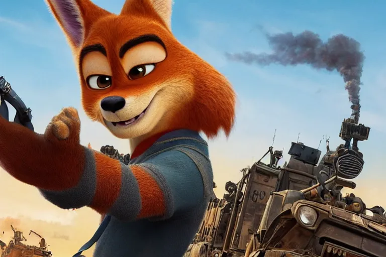 Image similar to nick wilde ( from zootopia ), heavily armed and armored facing down armageddon in a dark and gritty reboot from the makers of mad max : fury road